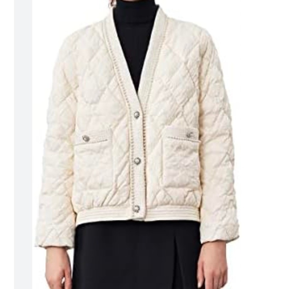 Urban Revivo Cream Quilted Down Jacket Pearl Trim Tweed Button Up‎ Women's Sz XS